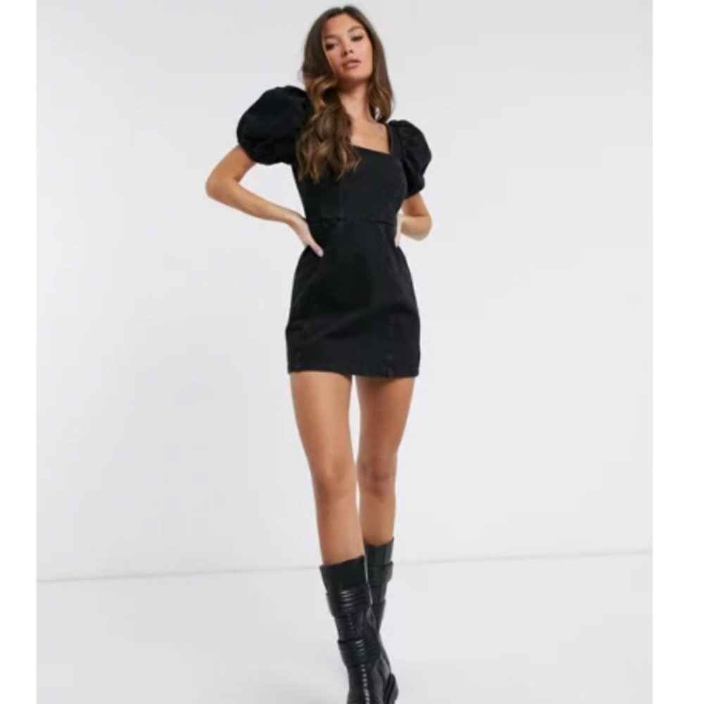 ASOS DESIGN Puff Sleeve Square Neck Mini Dress In Washed Black